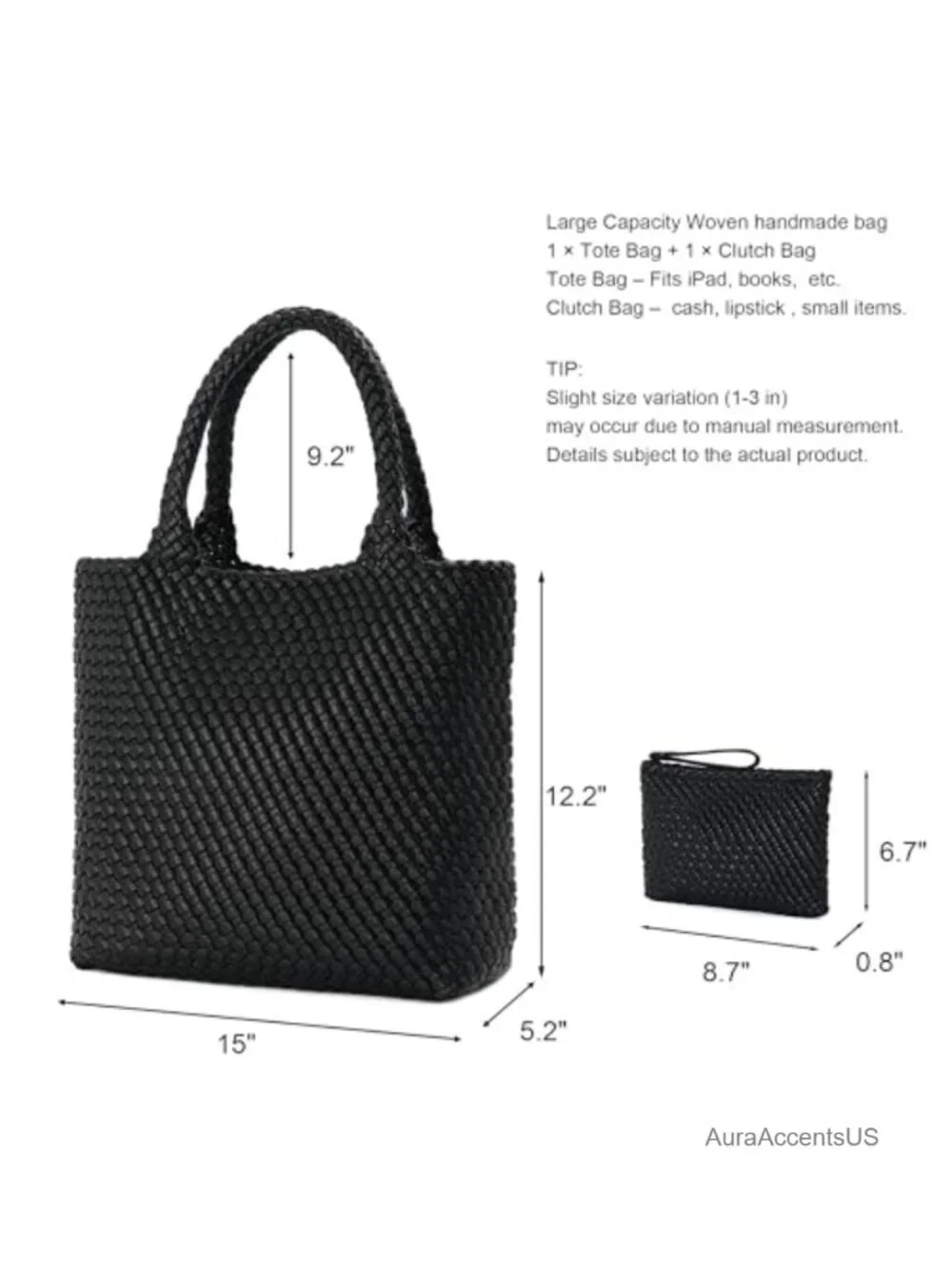 Handwoven Vegan Leather Tote Bag with Clutch for Work Travel Beach